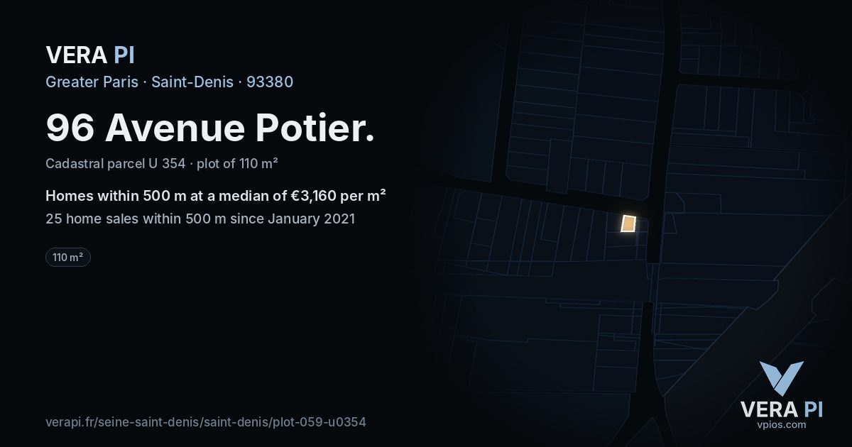 96 Avenue Potier, Saint-Denis at night – the plot lit, the parcels around coloured by the prices near them