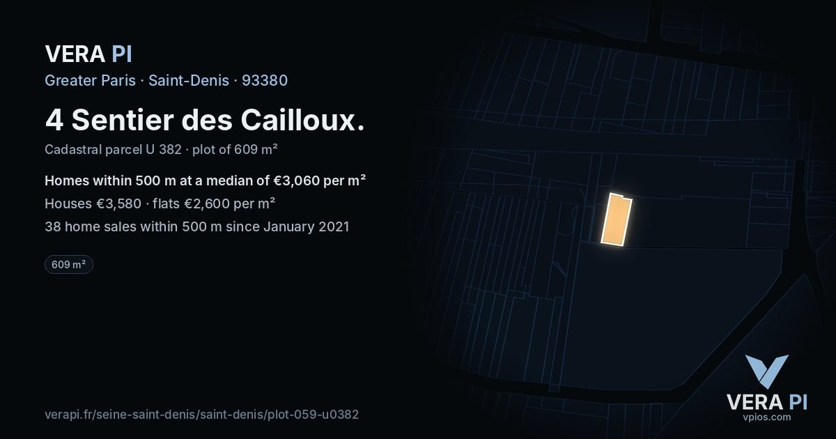 4 Sentier des Cailloux, Saint-Denis at night – the plot lit, the parcels around coloured by the prices near them
