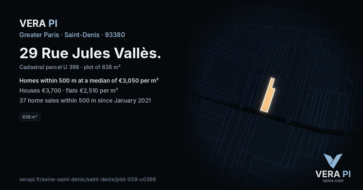 29 Rue Jules Vallès, Saint-Denis at night – the plot lit, the parcels around coloured by the prices near them
