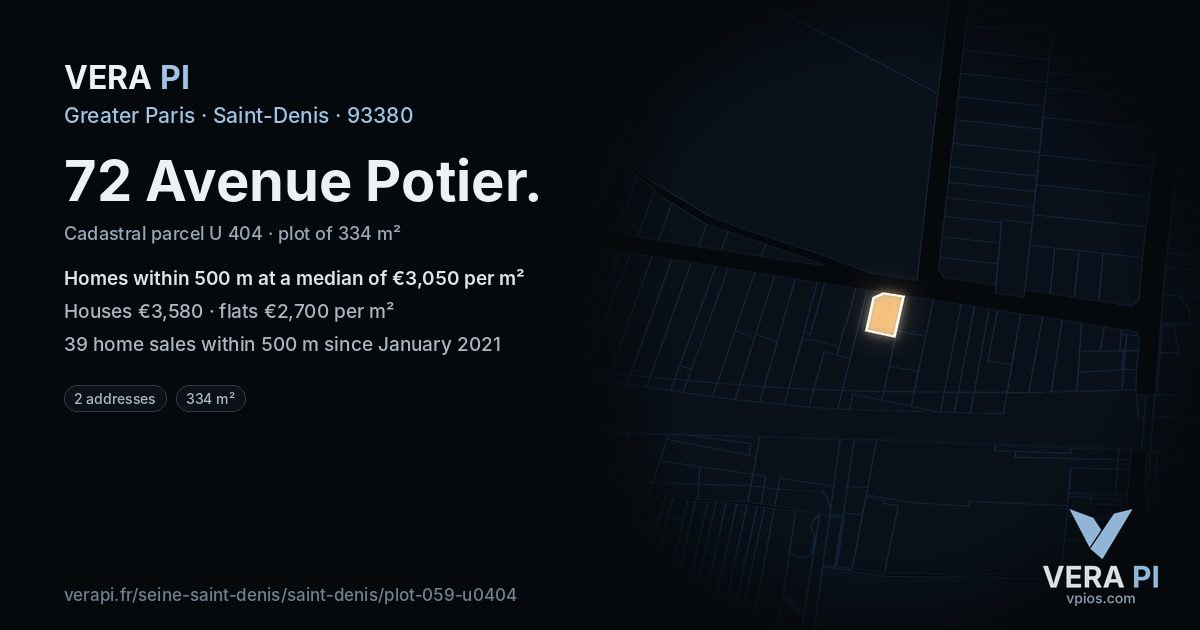 72 Avenue Potier, Saint-Denis at night – the plot lit, the parcels around coloured by the prices near them