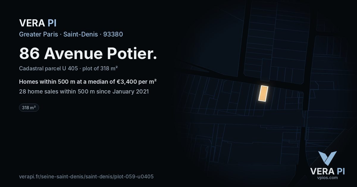 86 Avenue Potier, Saint-Denis at night – the plot lit, the parcels around coloured by the prices near them