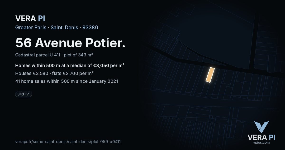 56 Avenue Potier, Saint-Denis at night – the plot lit, the parcels around coloured by the prices near them