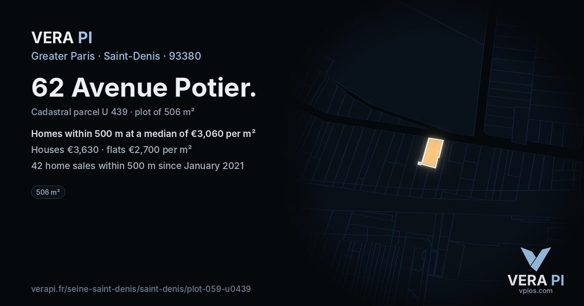 62 Avenue Potier, Saint-Denis at night – the plot lit, the parcels around coloured by the prices near them