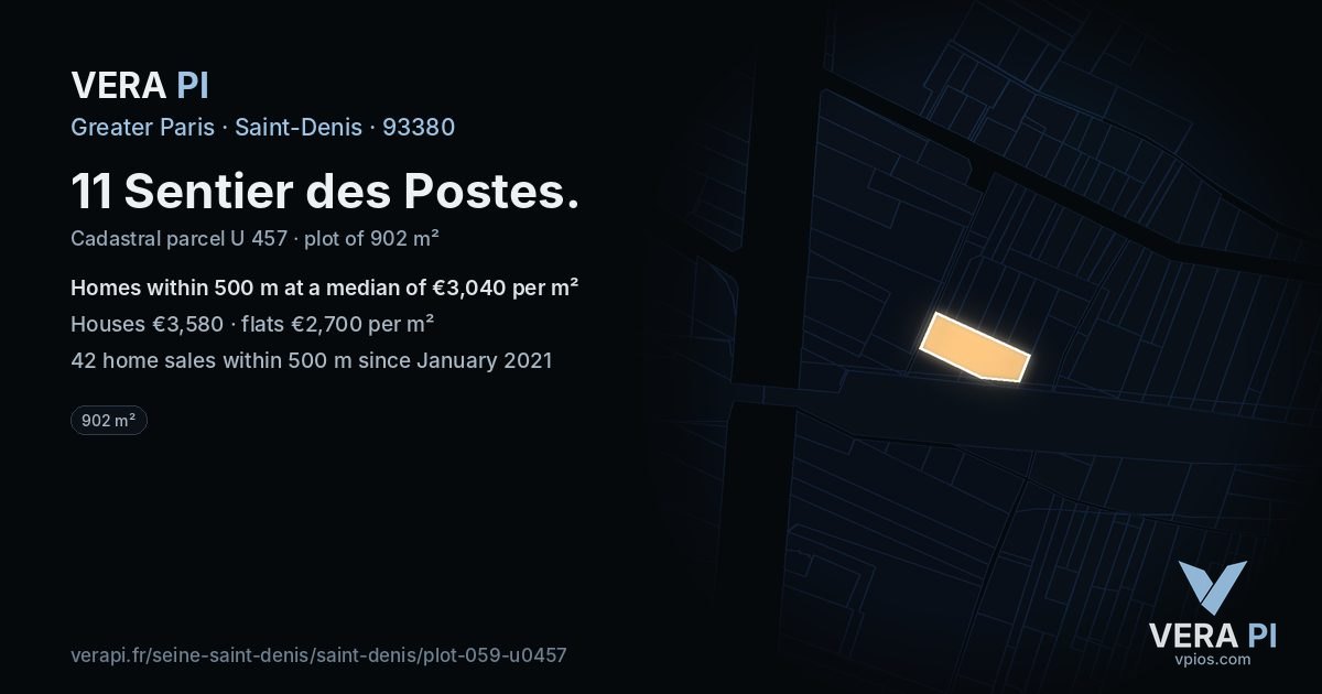 11 Sentier des Postes, Saint-Denis at night – the plot lit, the parcels around coloured by the prices near them