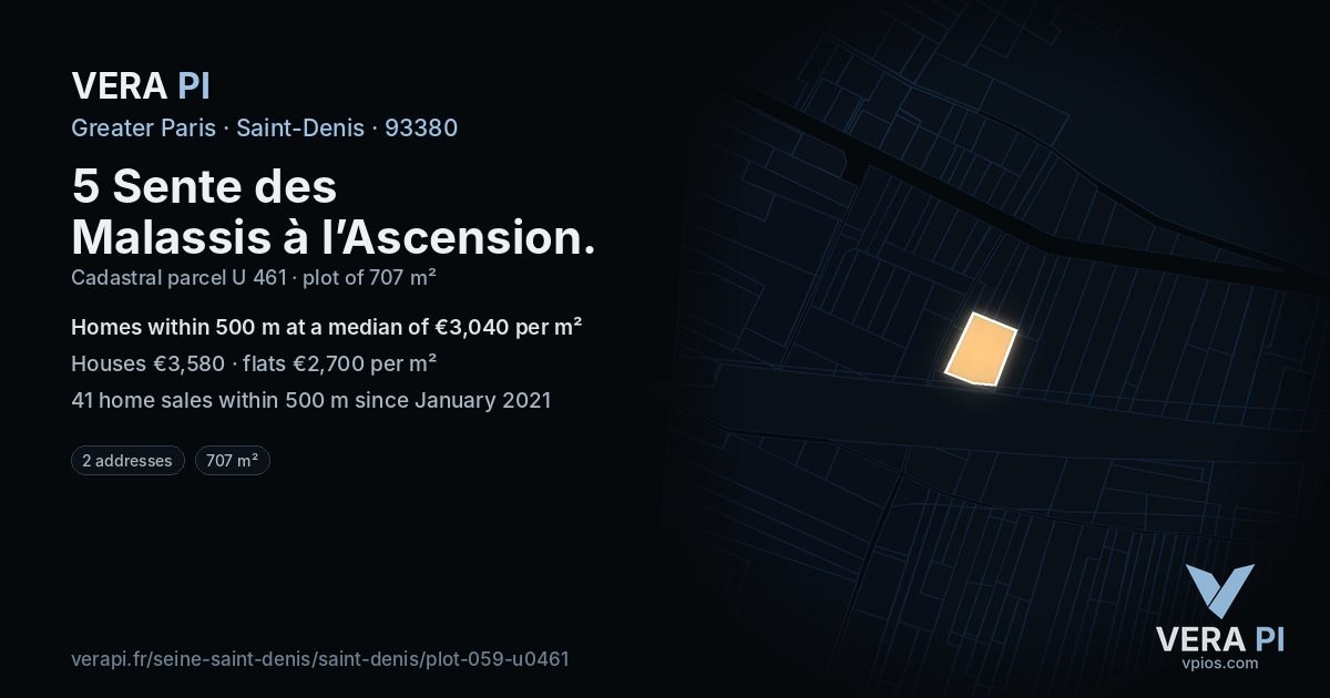 5 Sente des Malassis à l’Ascension, Saint-Denis at night – the plot lit, the parcels around coloured by the prices near them