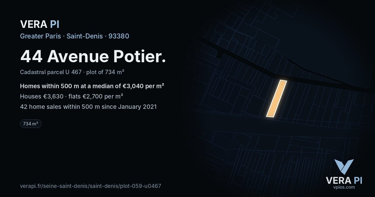 44 Avenue Potier, Saint-Denis at night – the plot lit, the parcels around coloured by the prices near them