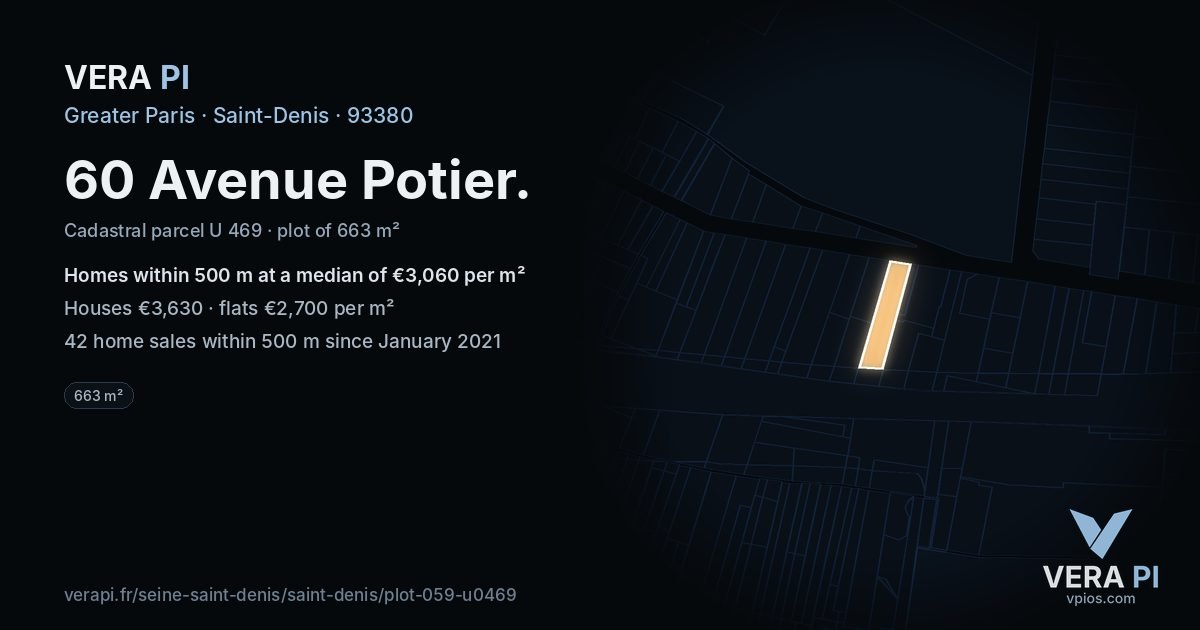 60 Avenue Potier, Saint-Denis at night – the plot lit, the parcels around coloured by the prices near them