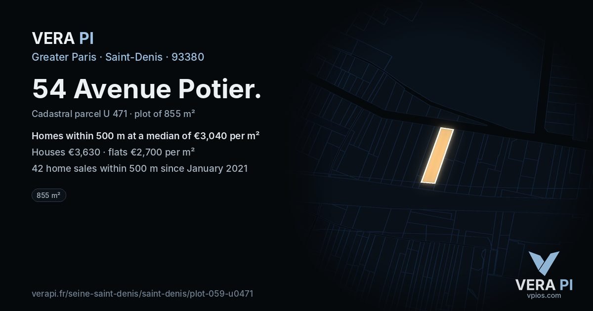54 Avenue Potier, Saint-Denis at night – the plot lit, the parcels around coloured by the prices near them