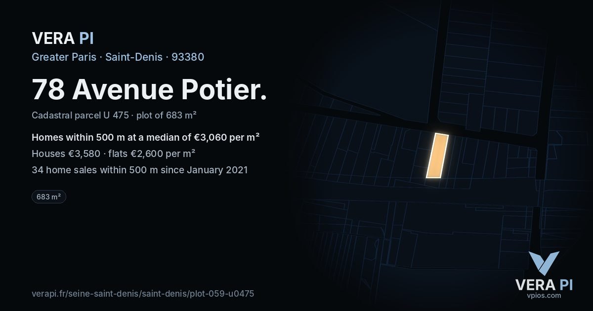 78 Avenue Potier, Saint-Denis at night – the plot lit, the parcels around coloured by the prices near them