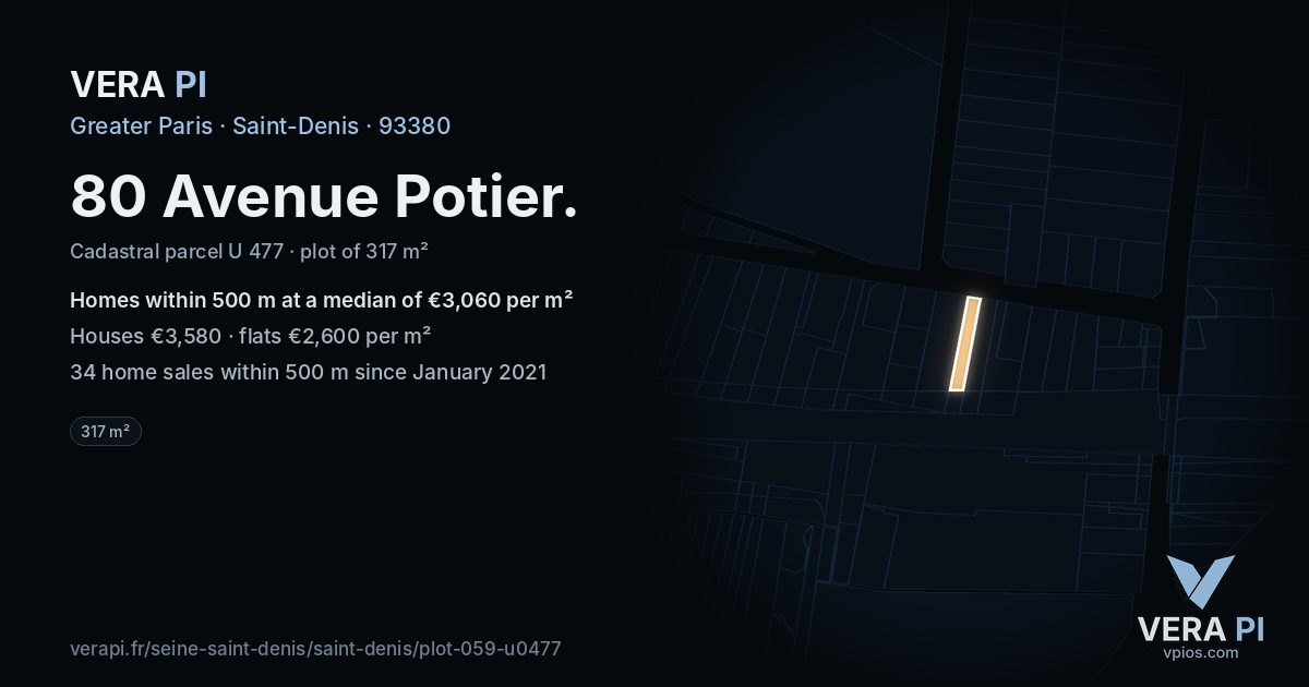 80 Avenue Potier, Saint-Denis at night – the plot lit, the parcels around coloured by the prices near them