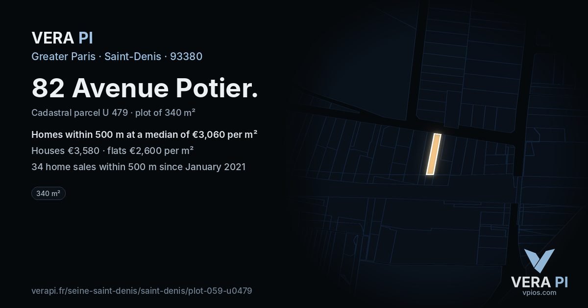82 Avenue Potier, Saint-Denis at night – the plot lit, the parcels around coloured by the prices near them