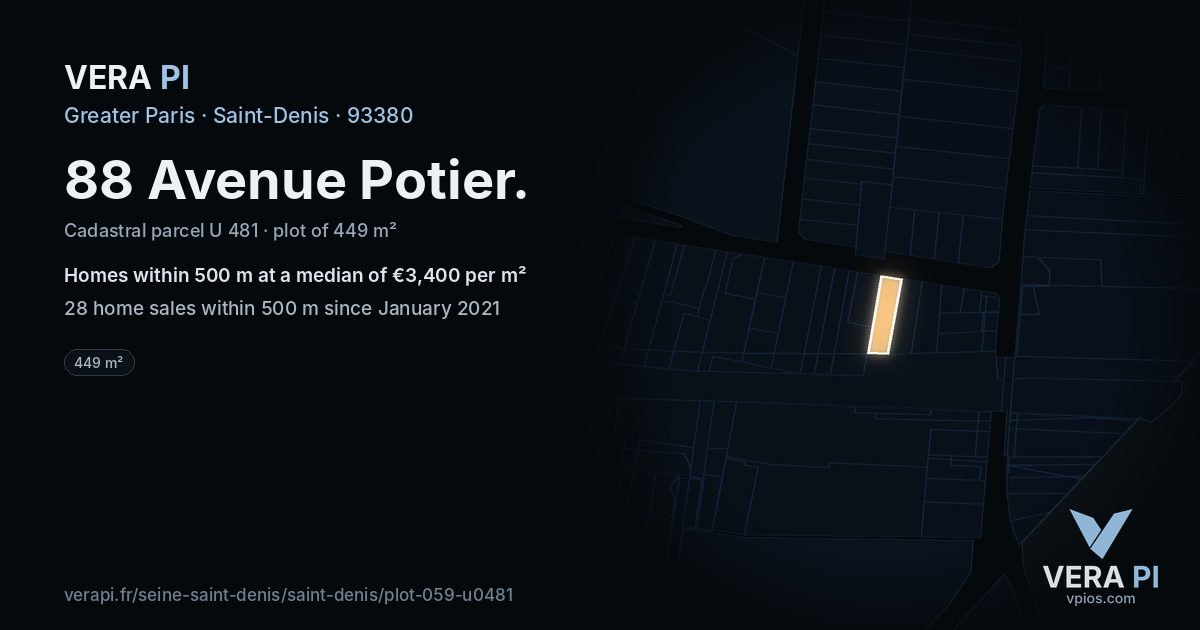 88 Avenue Potier, Saint-Denis at night – the plot lit, the parcels around coloured by the prices near them