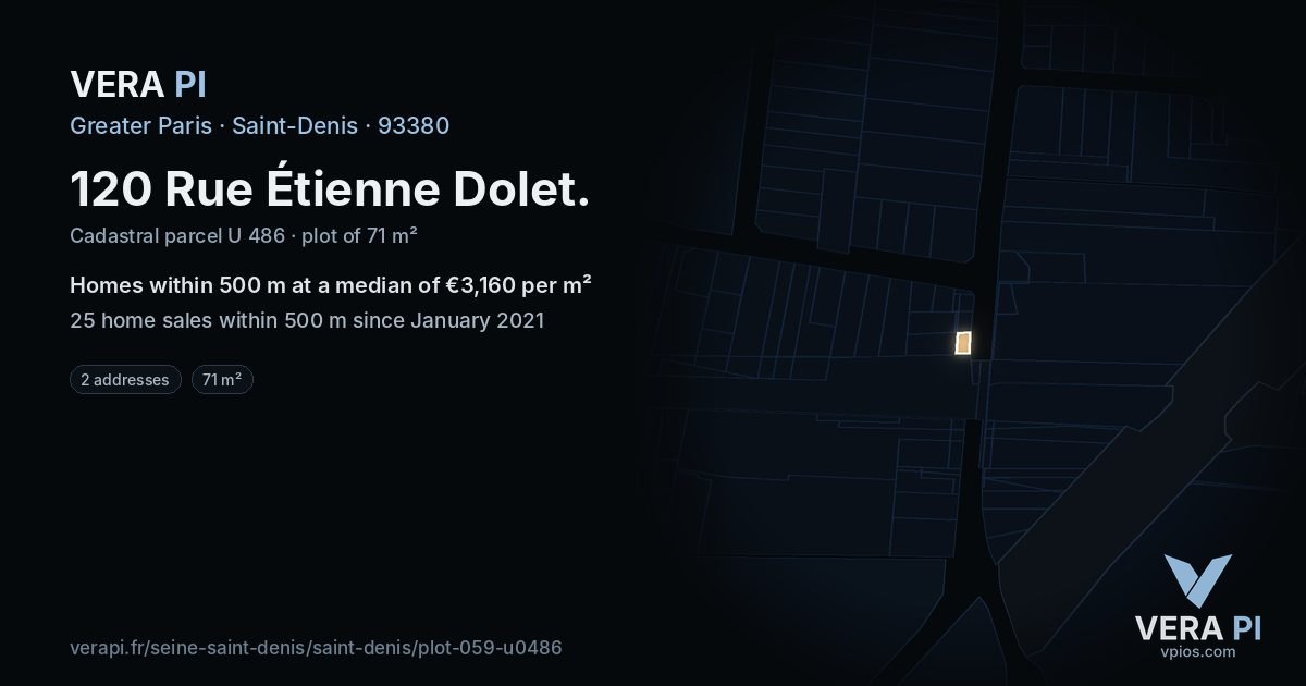 120 Rue Étienne Dolet, Saint-Denis at night – the plot lit, the parcels around coloured by the prices near them