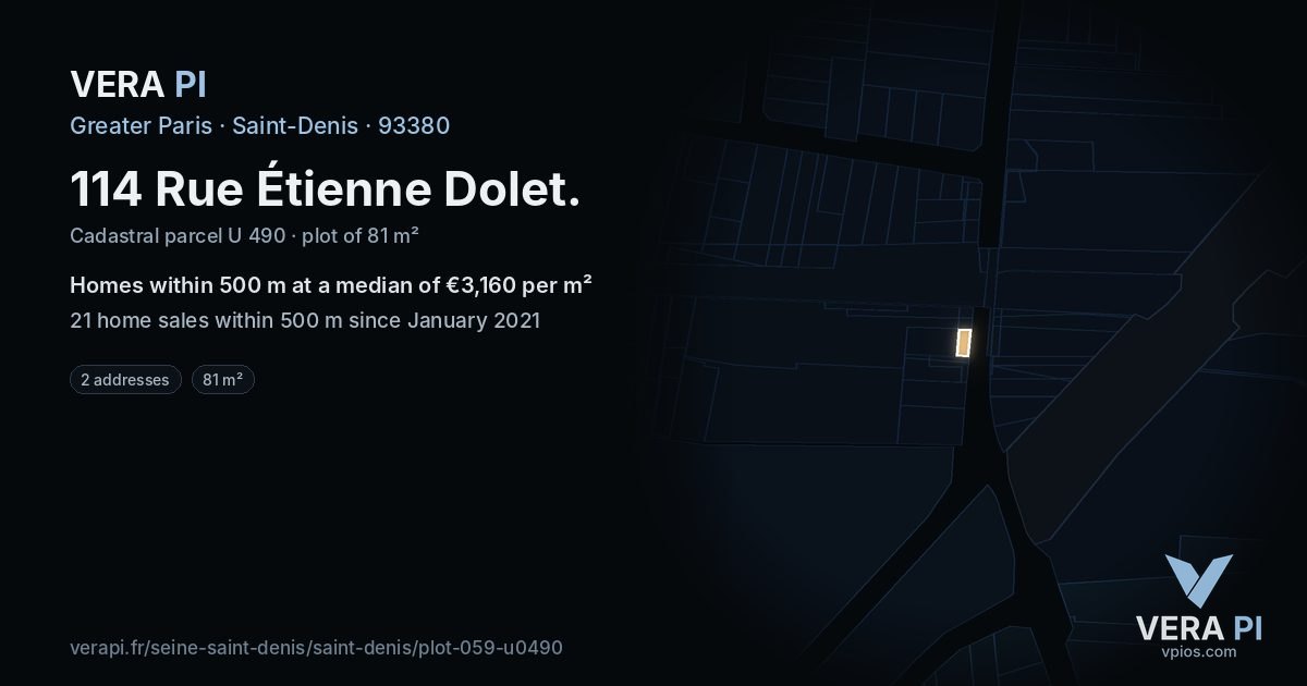 114 Rue Étienne Dolet, Saint-Denis at night – the plot lit, the parcels around coloured by the prices near them