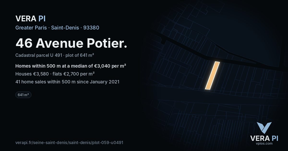 46 Avenue Potier, Saint-Denis at night – the plot lit, the parcels around coloured by the prices near them