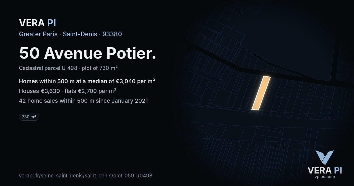 50 Avenue Potier, Saint-Denis at night – the plot lit, the parcels around coloured by the prices near them