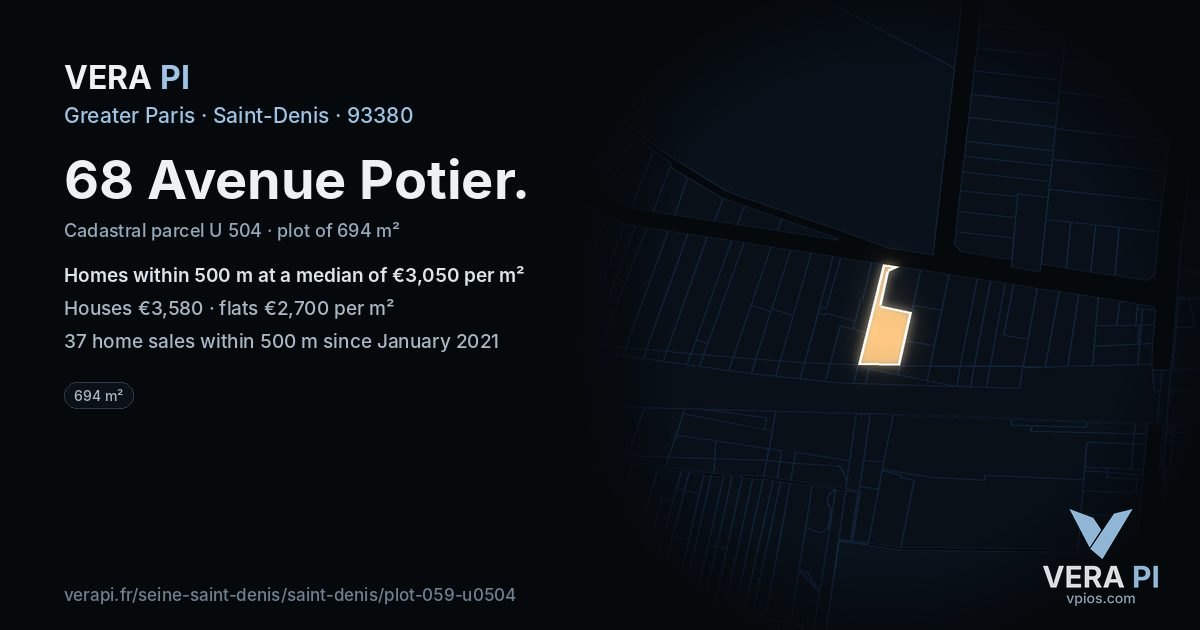 68 Avenue Potier, Saint-Denis at night – the plot lit, the parcels around coloured by the prices near them
