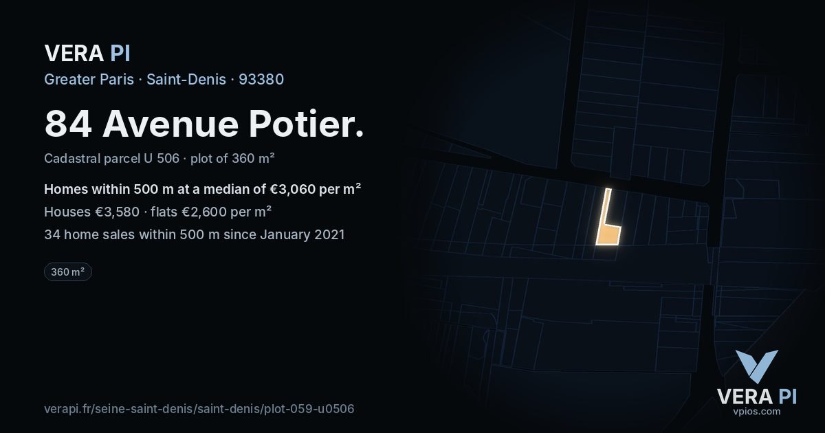 84 Avenue Potier, Saint-Denis at night – the plot lit, the parcels around coloured by the prices near them