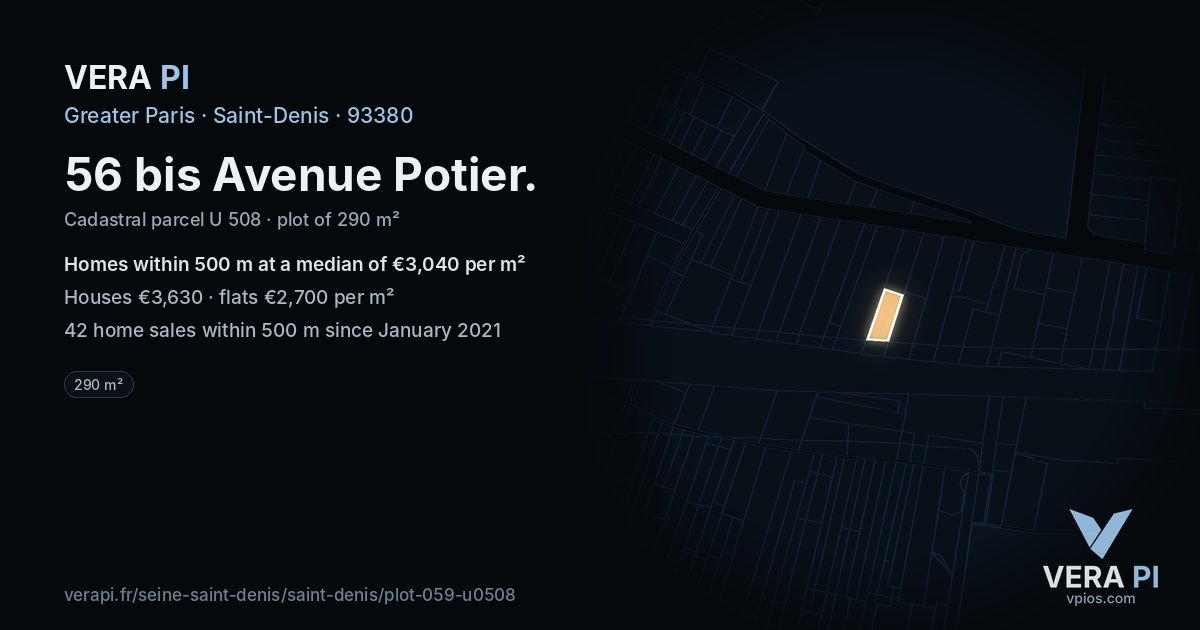 56 bis Avenue Potier, Saint-Denis at night – the plot lit, the parcels around coloured by the prices near them