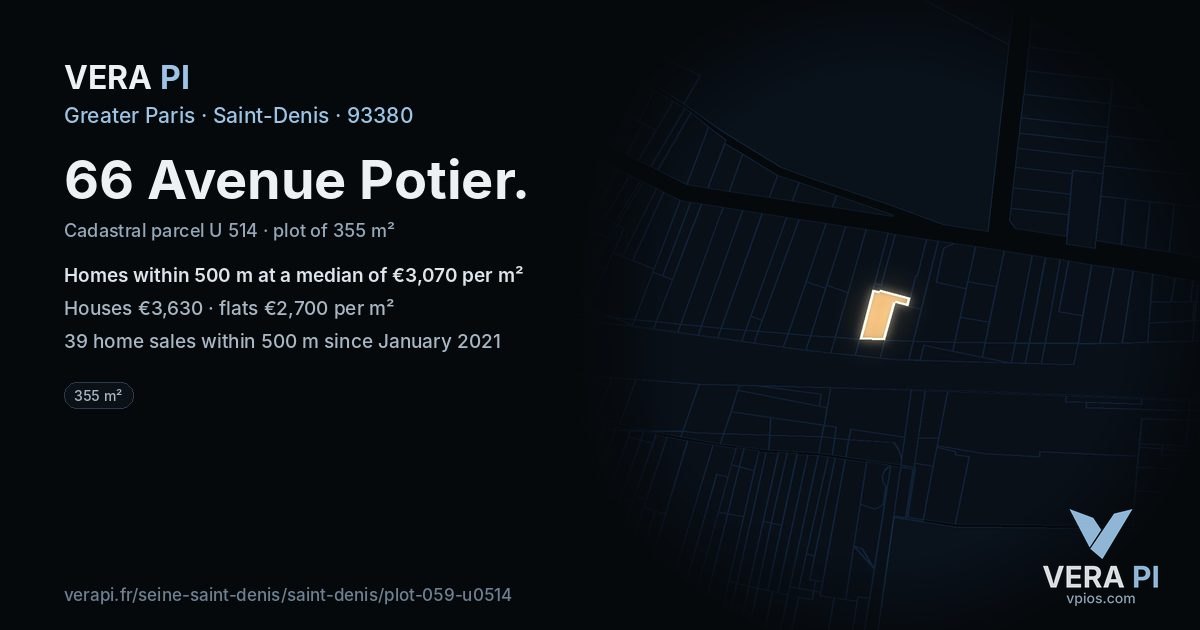 66 Avenue Potier, Saint-Denis at night – the plot lit, the parcels around coloured by the prices near them