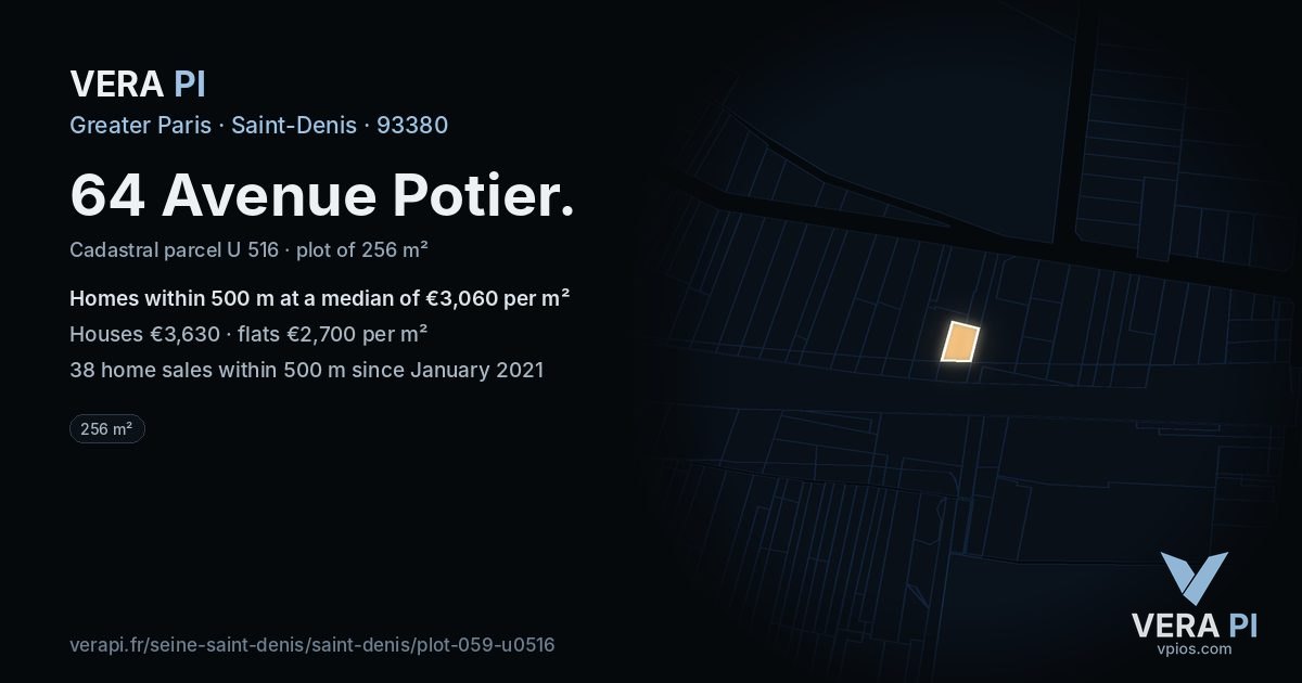64 Avenue Potier, Saint-Denis at night – the plot lit, the parcels around coloured by the prices near them