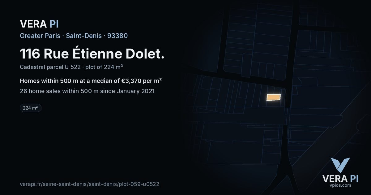 116 Rue Étienne Dolet, Saint-Denis at night – the plot lit, the parcels around coloured by the prices near them