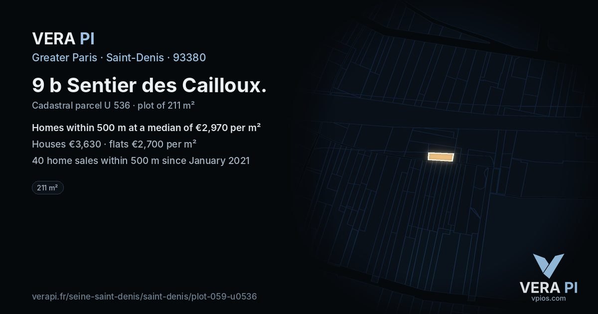 9 b Sentier des Cailloux, Saint-Denis at night – the plot lit, the parcels around coloured by the prices near them