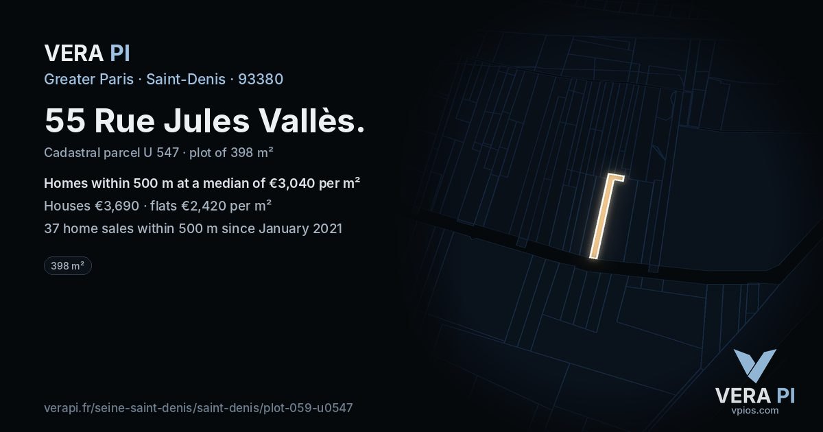 55 Rue Jules Vallès, Saint-Denis at night – the plot lit, the parcels around coloured by the prices near them