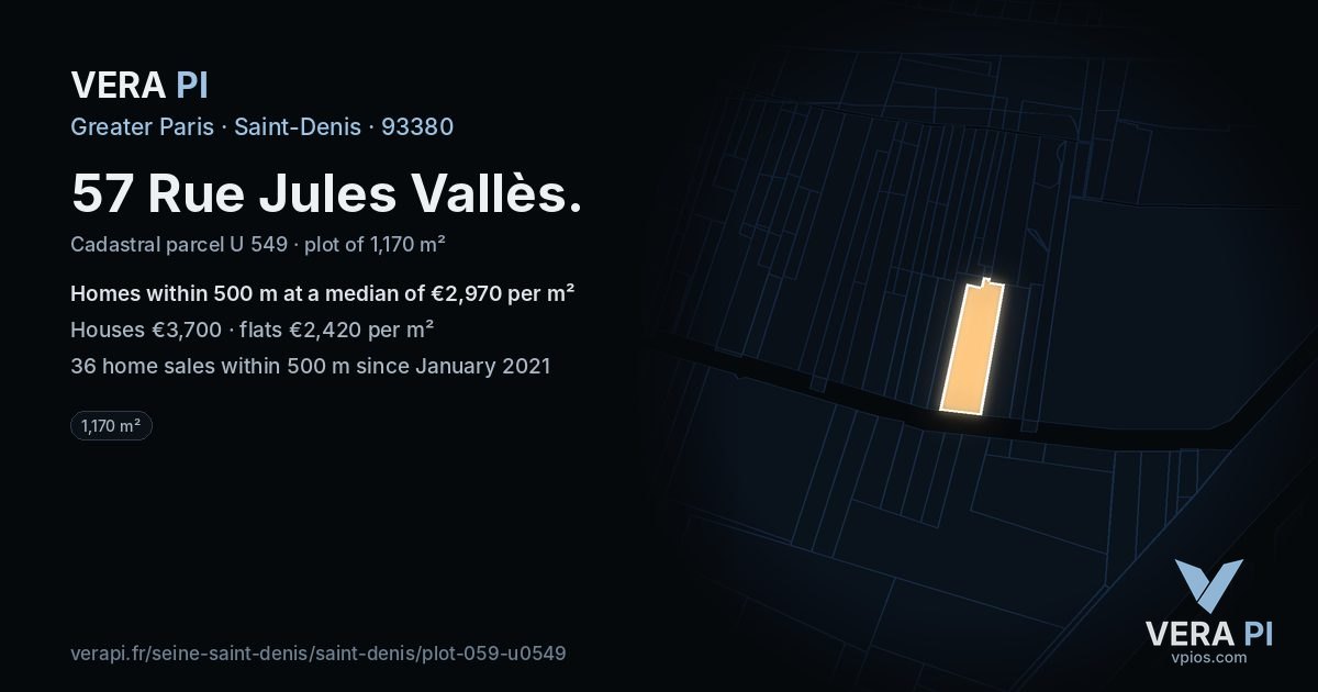 57 Rue Jules Vallès, Saint-Denis at night – the plot lit, the parcels around coloured by the prices near them