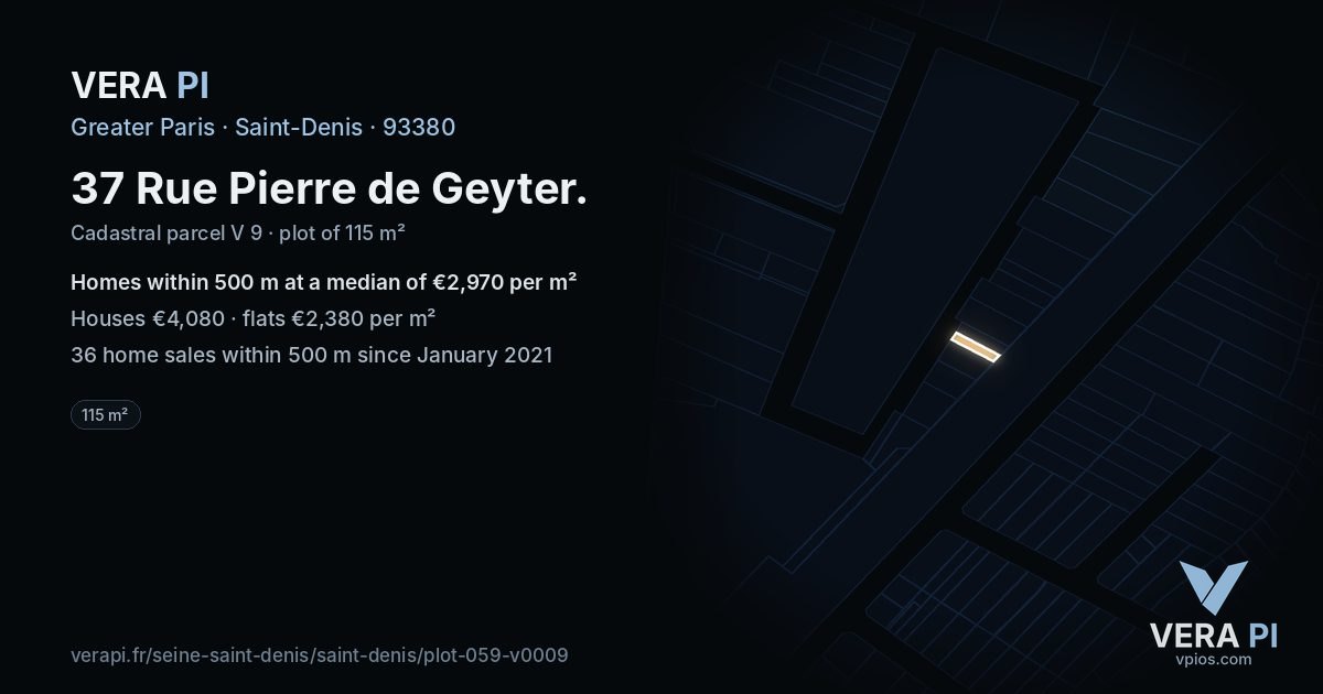 37 Rue Pierre de Geyter, Saint-Denis at night – the plot lit, the parcels around coloured by the prices near them