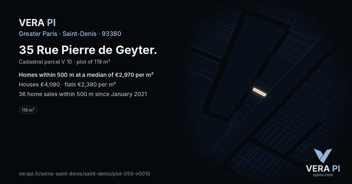 35 Rue Pierre de Geyter, Saint-Denis at night – the plot lit, the parcels around coloured by the prices near them
