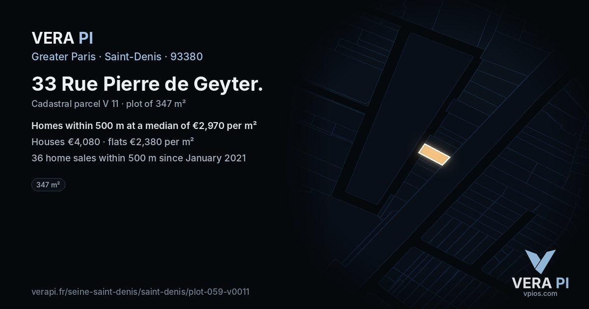 33 Rue Pierre de Geyter, Saint-Denis at night – the plot lit, the parcels around coloured by the prices near them