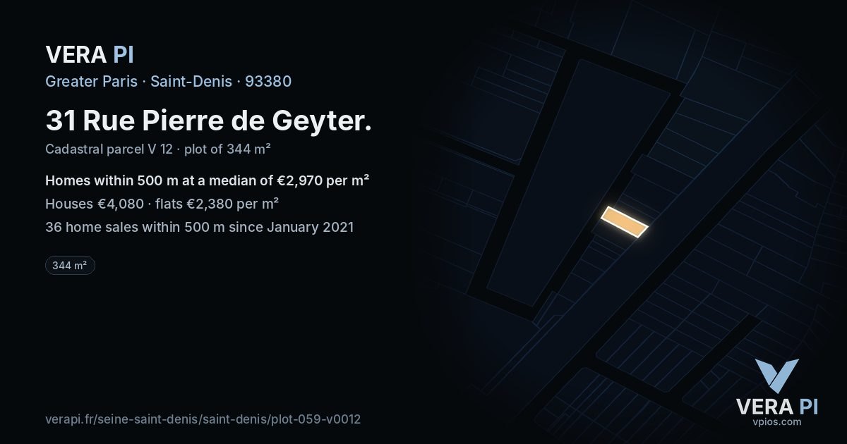31 Rue Pierre de Geyter, Saint-Denis at night – the plot lit, the parcels around coloured by the prices near them