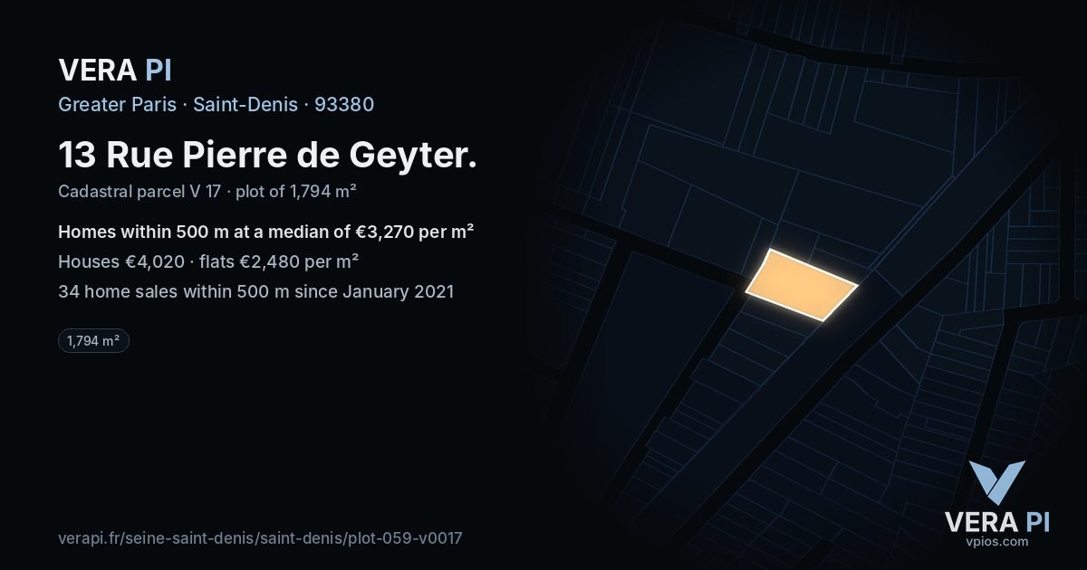 13 Rue Pierre de Geyter, Saint-Denis at night – the plot lit, the parcels around coloured by the prices near them