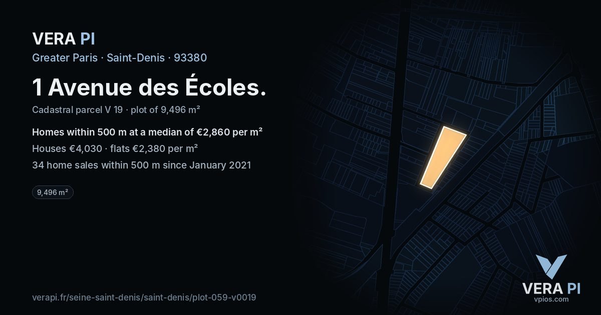 1 Avenue des Écoles, Saint-Denis at night – the plot lit, the parcels around coloured by the prices near them