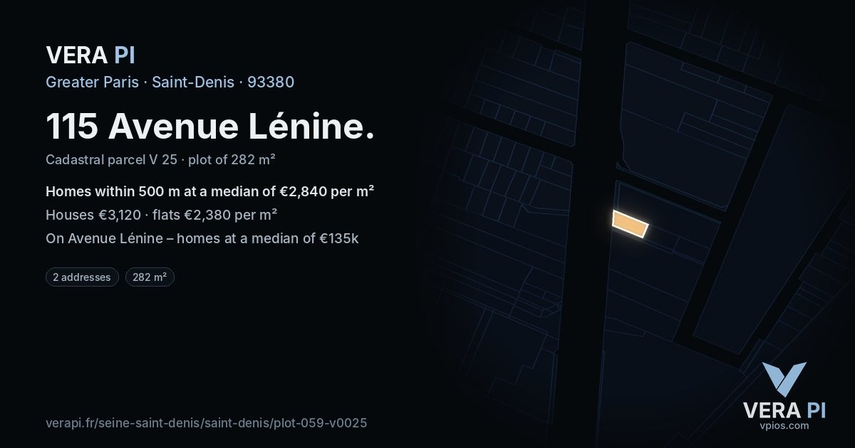115 Avenue Lénine, Saint-Denis at night – the plot lit, the parcels around coloured by the prices near them