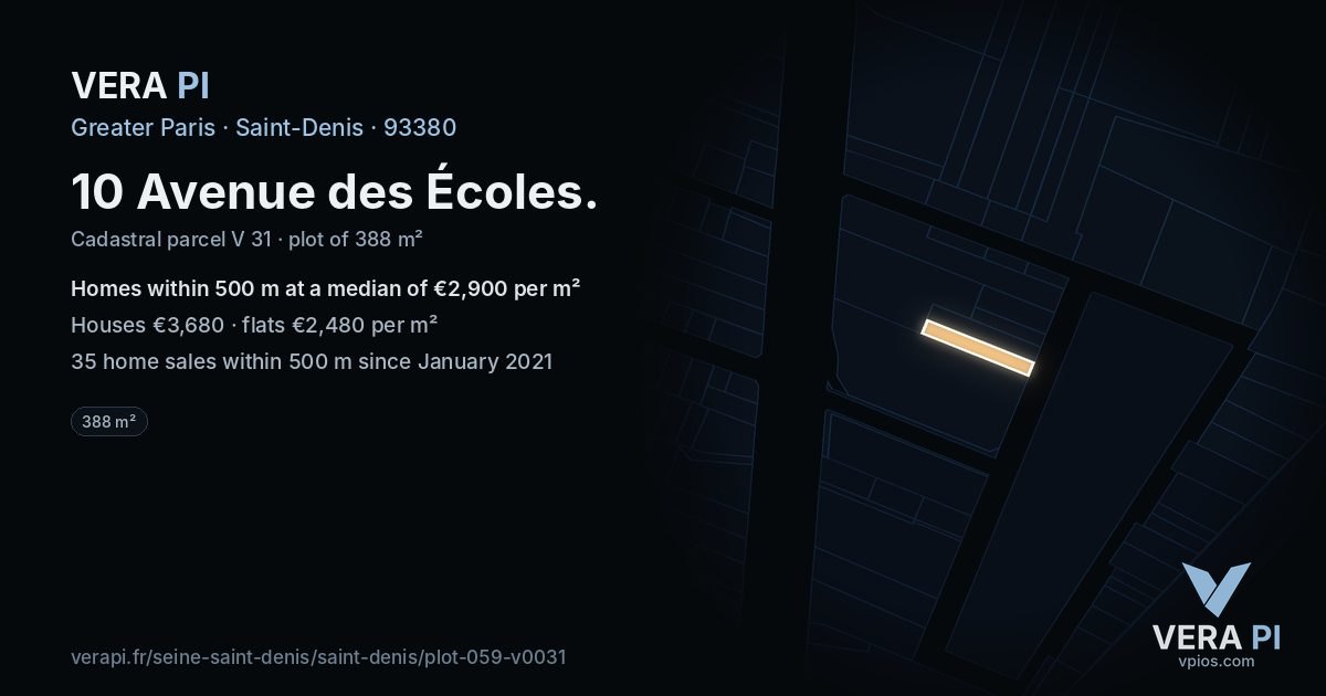 10 Avenue des Écoles, Saint-Denis at night – the plot lit, the parcels around coloured by the prices near them