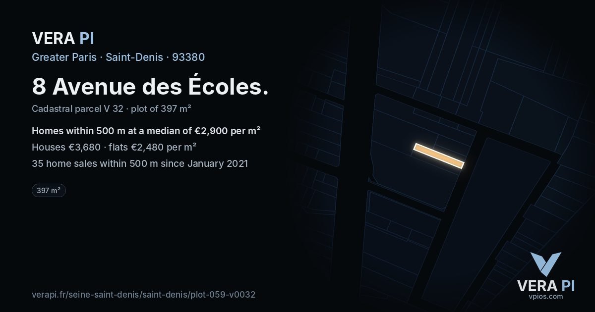 8 Avenue des Écoles, Saint-Denis at night – the plot lit, the parcels around coloured by the prices near them