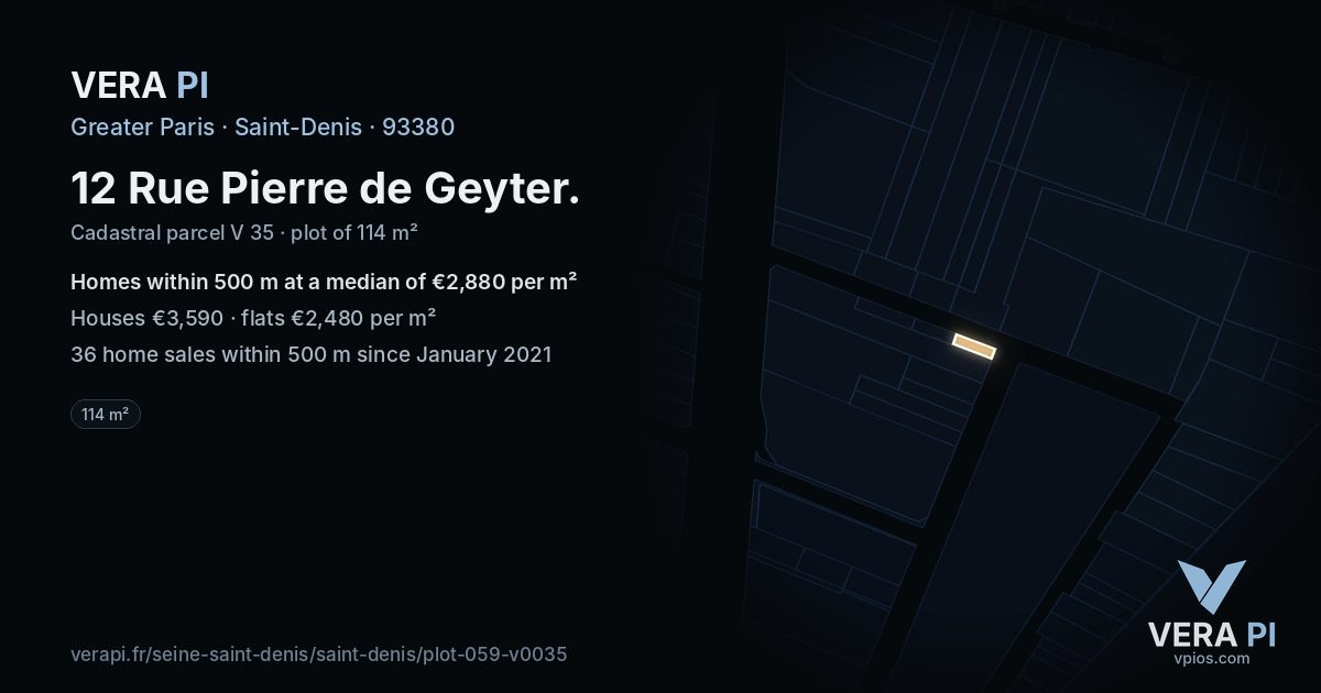 12 Rue Pierre de Geyter, Saint-Denis at night – the plot lit, the parcels around coloured by the prices near them