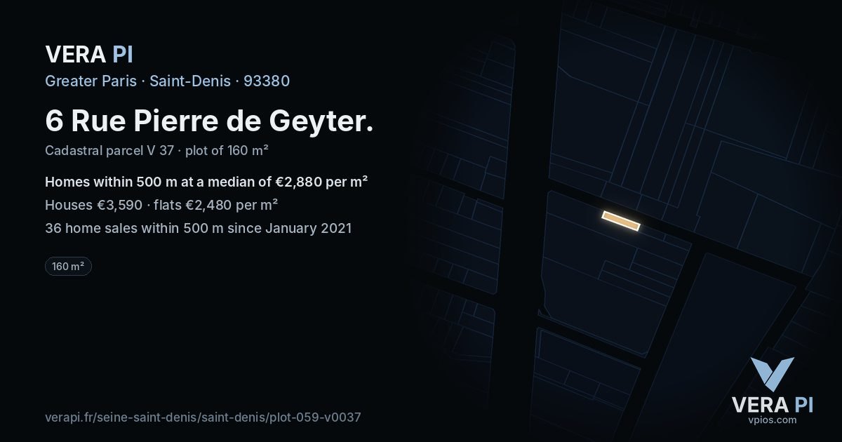 6 Rue Pierre de Geyter, Saint-Denis at night – the plot lit, the parcels around coloured by the prices near them
