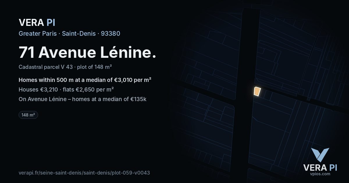 71 Avenue Lénine, Saint-Denis at night – the plot lit, the parcels around coloured by the prices near them