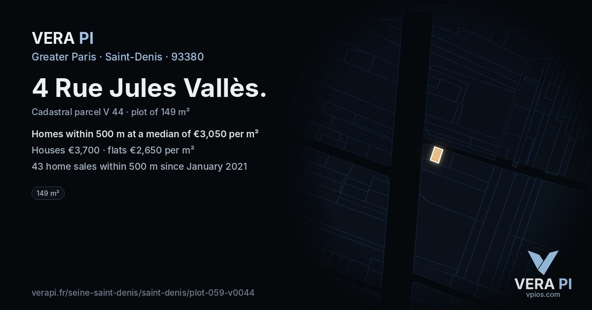 4 Rue Jules Vallès, Saint-Denis at night – the plot lit, the parcels around coloured by the prices near them