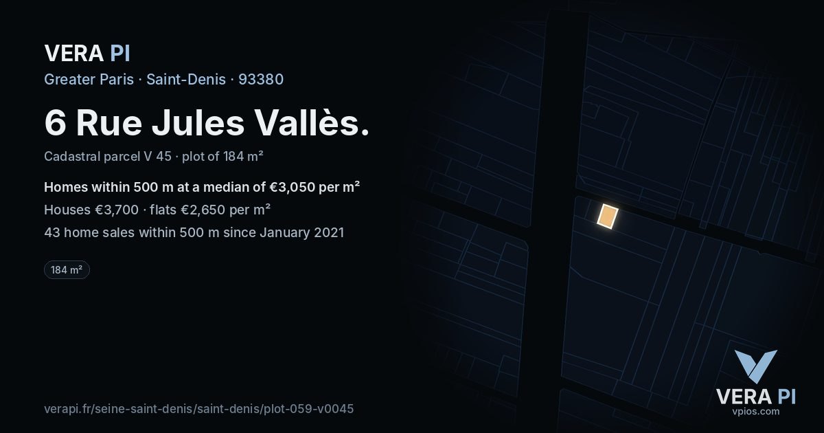 6 Rue Jules Vallès, Saint-Denis at night – the plot lit, the parcels around coloured by the prices near them
