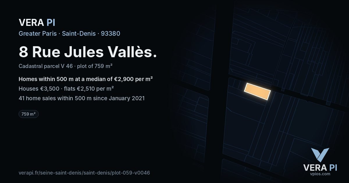 8 Rue Jules Vallès, Saint-Denis at night – the plot lit, the parcels around coloured by the prices near them