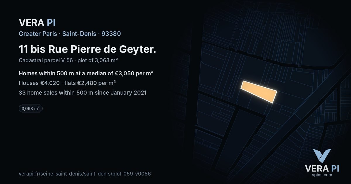 11 bis Rue Pierre de Geyter, Saint-Denis at night – the plot lit, the parcels around coloured by the prices near them