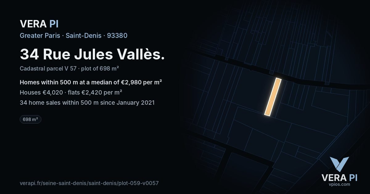 34 Rue Jules Vallès, Saint-Denis at night – the plot lit, the parcels around coloured by the prices near them