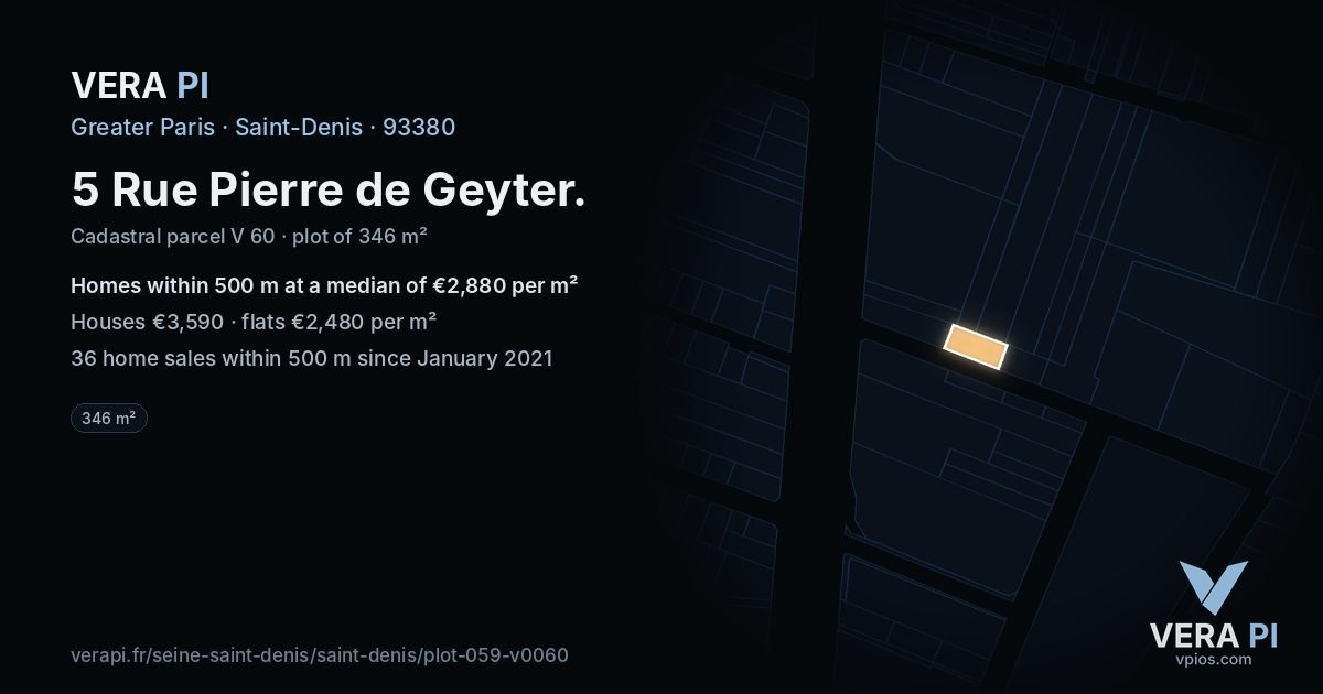 5 Rue Pierre de Geyter, Saint-Denis at night – the plot lit, the parcels around coloured by the prices near them