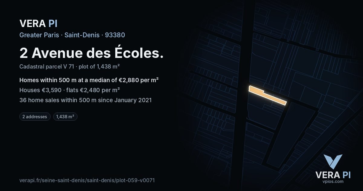 2 Avenue des Écoles, Saint-Denis at night – the plot lit, the parcels around coloured by the prices near them