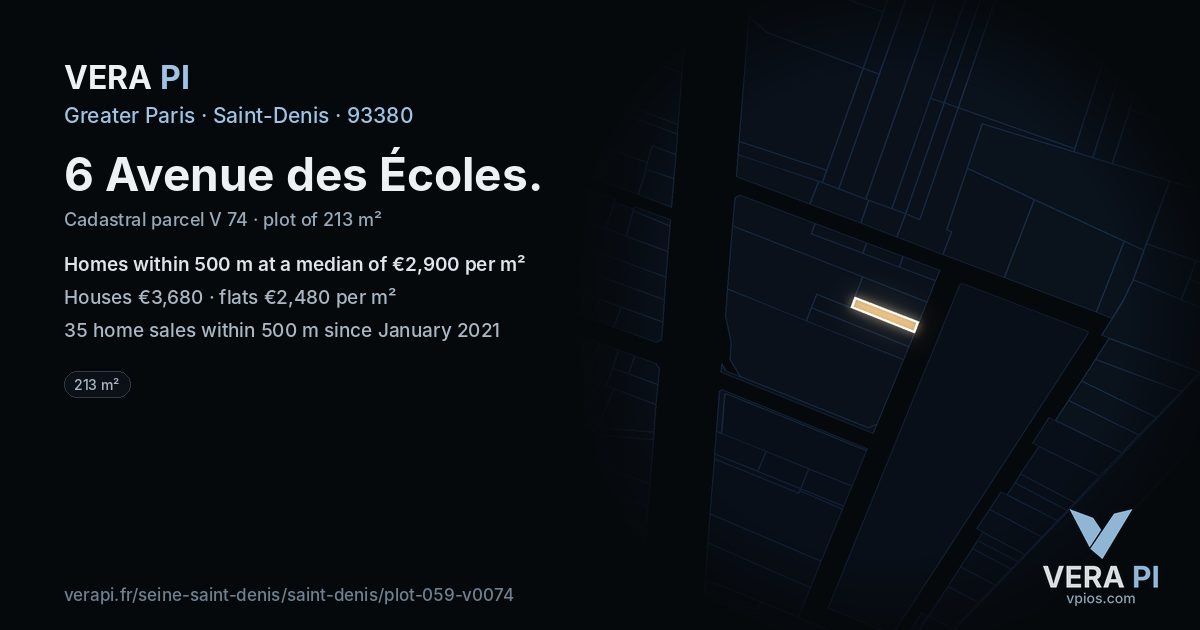 6 Avenue des Écoles, Saint-Denis at night – the plot lit, the parcels around coloured by the prices near them