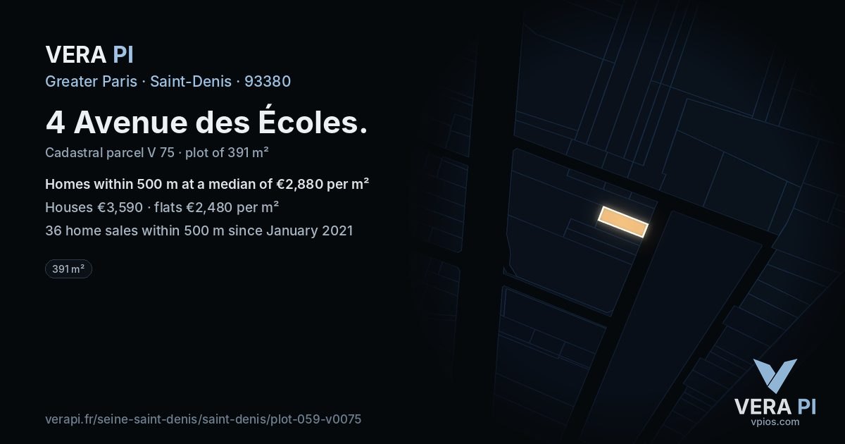 4 Avenue des Écoles, Saint-Denis at night – the plot lit, the parcels around coloured by the prices near them